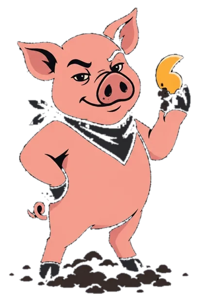 JournoPig mascot holding a gold quotation mark it just dug up